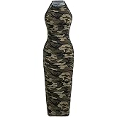 WDIRARA Women's Camo Print Halter Neck Bodycon Dress Sleeveless Long Cami Dresses