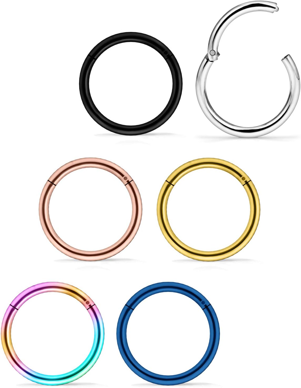 5/16to5/8in(8to16mm) D, 6PCS, 16G, Surgical Steel Body Piercing Rings