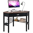Tangkula Corner Desk, Corner Computer Desk with Drawer for Small Space, Small Corner Makeup Vanity Desk, 90 Degrees Triangle Corner Desk with Storage Shelves (Coffee & Black)