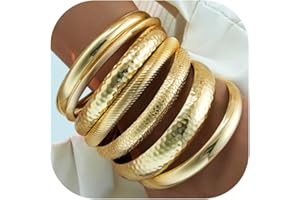 YEEZII Gold Bangle Bracelets for Women, 7Pcs 14K Gold Plated Boho Indian Multi Stackable Textured Bracelets, Chunky Bangles Set for Women Jewelry Gifts