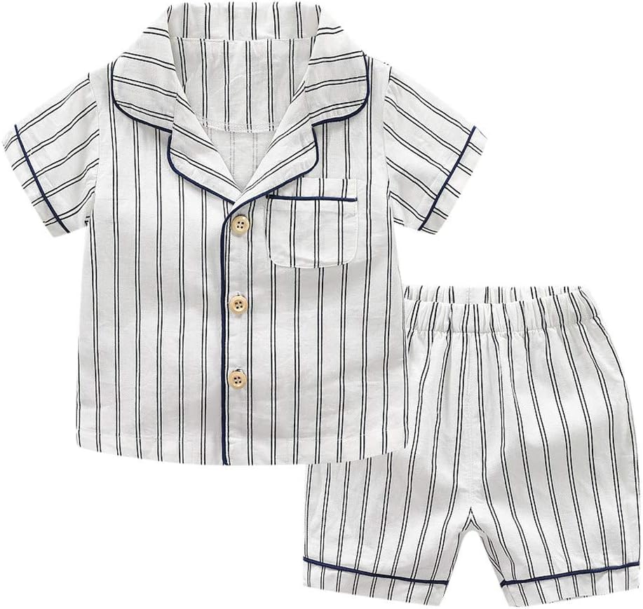 SSUPLYMY Fashion Infant Baby Boys Pajamas Sets Button Down Striped Sleepwear Short Sleeve T Shirt + Elastic Waist Shorts Pants Sets Cotton Nightwear Outfits