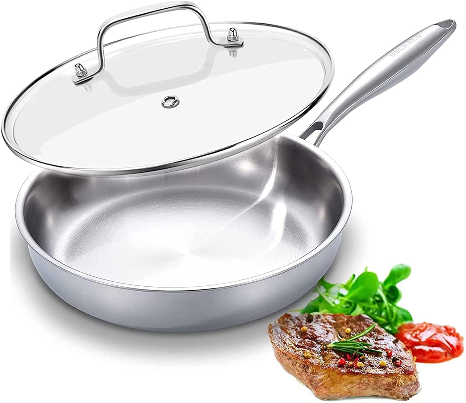 Photo 1 of (MINOR USAGE) DELARLO Stainless Steel Pan?10 Inch Skillet with Lid?Oven Safe Up to 600??Triply Stainless Steel Cookware?Stainless Steel Pan 10 in?Induction Compatible?Fast Even Heat?Large Cooking Surface