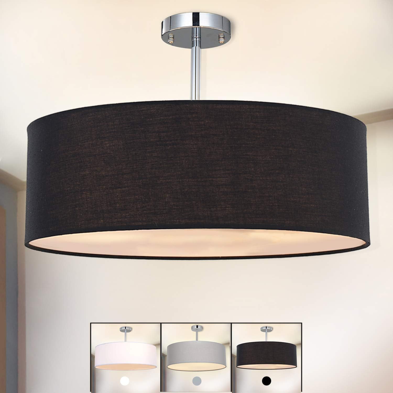 SPARKSOR Ceiling Light, Modern Fabric Pendant Light Shade, Large Black Drum Lampshade, Round Pendant Lamp, for Bedroom Living Room, Flush Chrome Matt, 3 Bulb, E27