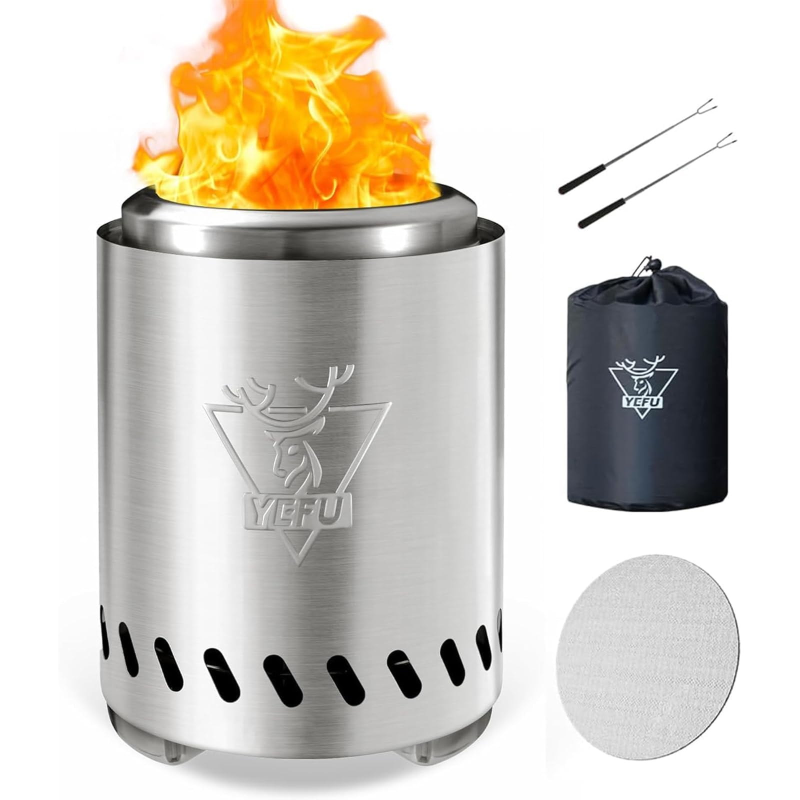 Photo 1 of YEFU Tabletop Fire Pit 9.7 x 7.1 in, Low Smoke Camping Stove for Outdoor & Patio, Fueled by Pellets or Wood, Safe Burning Table Top Firepit, with Travel Bag & 2 Mini Sticks & Fireproof Mat, Silver