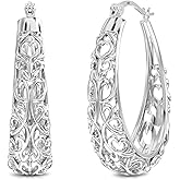 LeCalla 925 Sterling Silver Hoop Earrings for Women | Women's Filigree Hoop Earrings | Antique Oxidized Openwork Mesh Filigree Cut Earring Chunky Hoops | Hypoallergenic Vintage Filigree Oval Hoop Earrings for Women