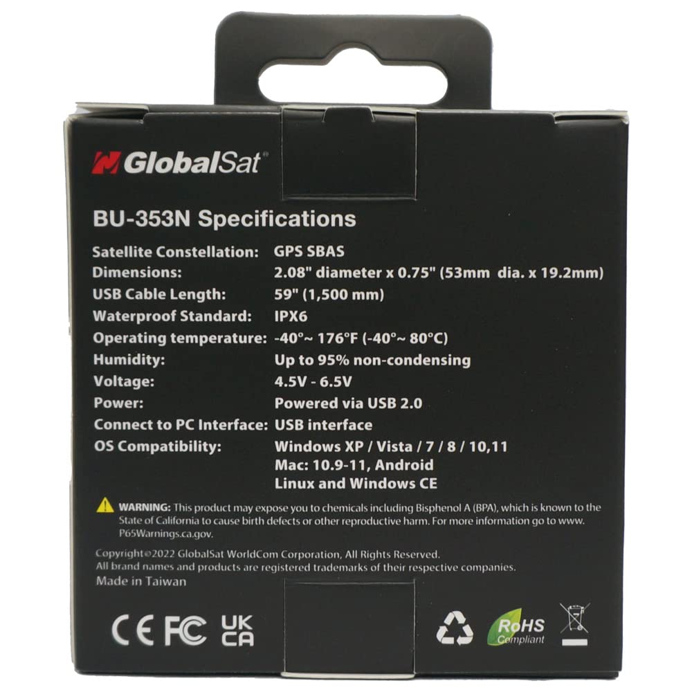 GlobalSat BU-353N USB GPS Receiver, Black Made in Taiwan