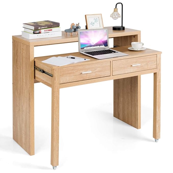Tangkula Extendable Computer Desk, Small Writing Desk with Pull Out