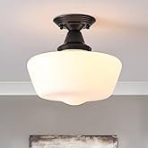 BinoBro Schoolhouse Light Fixture, 12 Inch Black Finish with Milk Glass Semi Flush Mount Ceiling Light, Ceiling Light Fixture