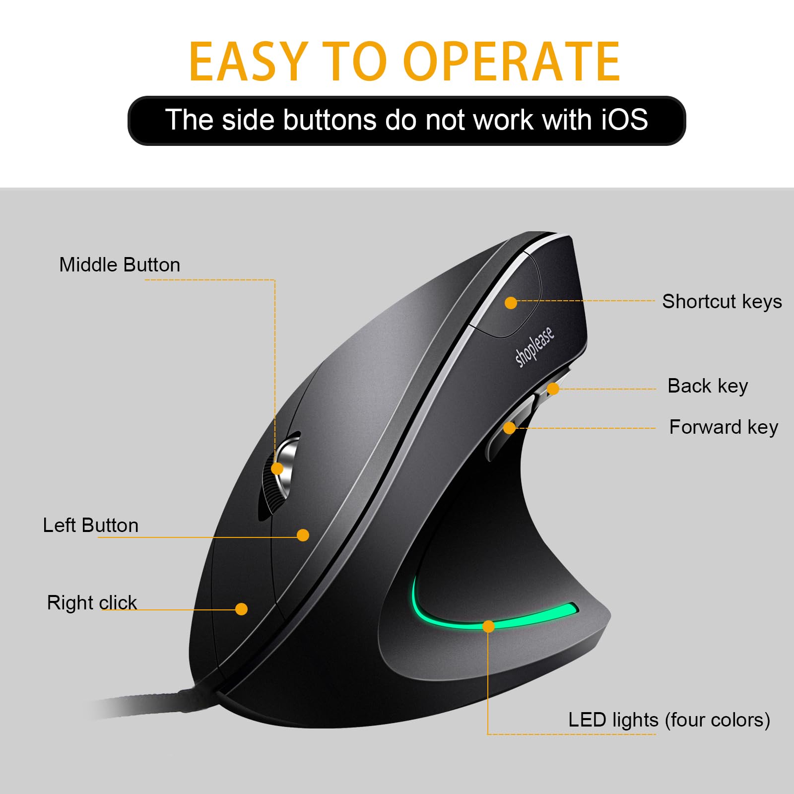Wired Vertical Mouse, Optical Ergonomic Mouse with 4 Adjustable 800/1200/2000/3200, 5 Buttons USB Computer Mouse, Better for Large and Medium Sized Hands