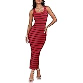 ZESICA Women's Summer Square Neck Bodycon Midi Dresses 2026 Casual Sleeveless Ribbed Knit Striped Beach Vacation Long Dress