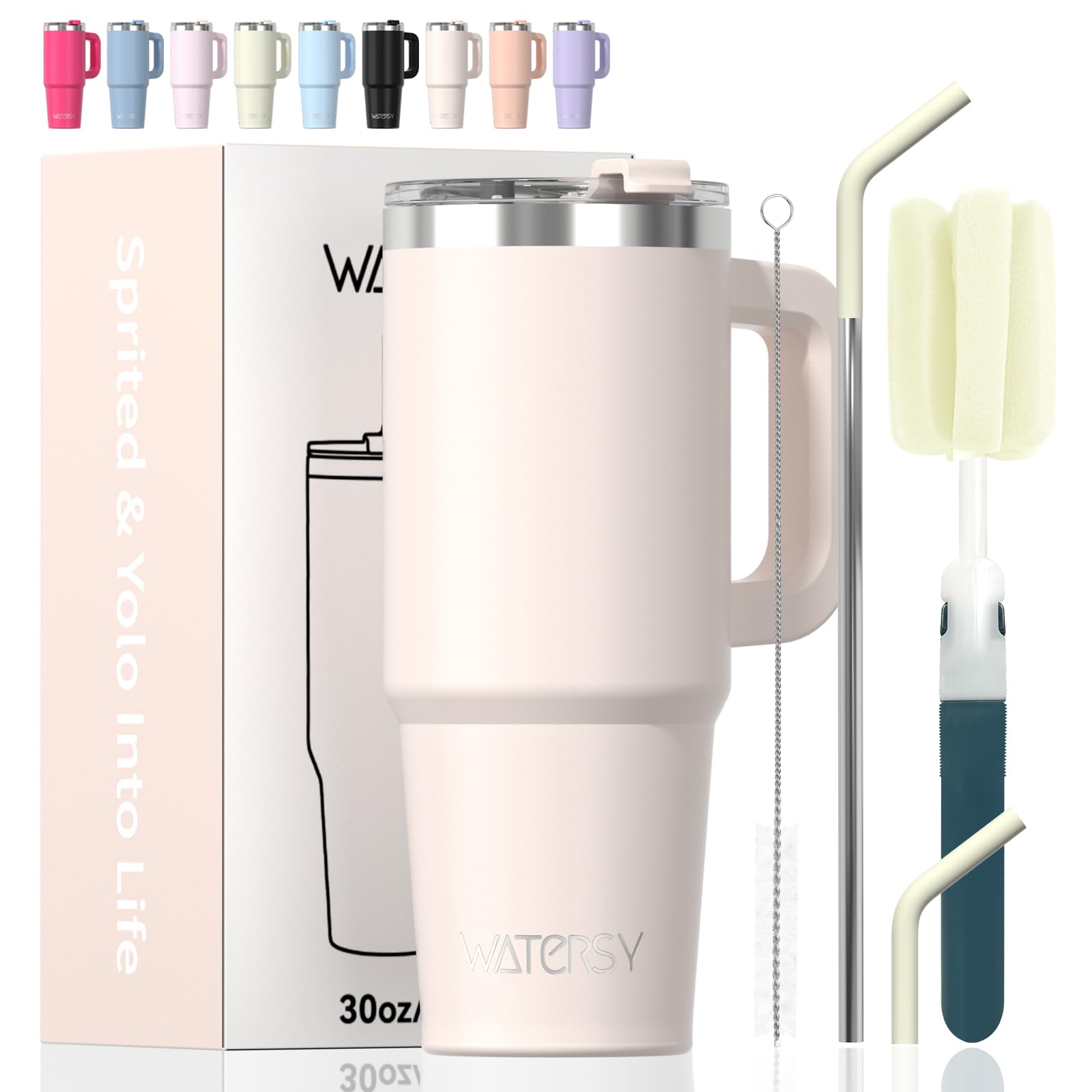 Photo 1 of 30 oz Tumbler with Handle,Tumbler with Lid and Straw,Double Wall Insulated Cup Stainless Steel Travel Mug(Cold for 34 Hours),Water Bottle for Iced Tea,Coffee,Cold Beverages(Ivory Beige)