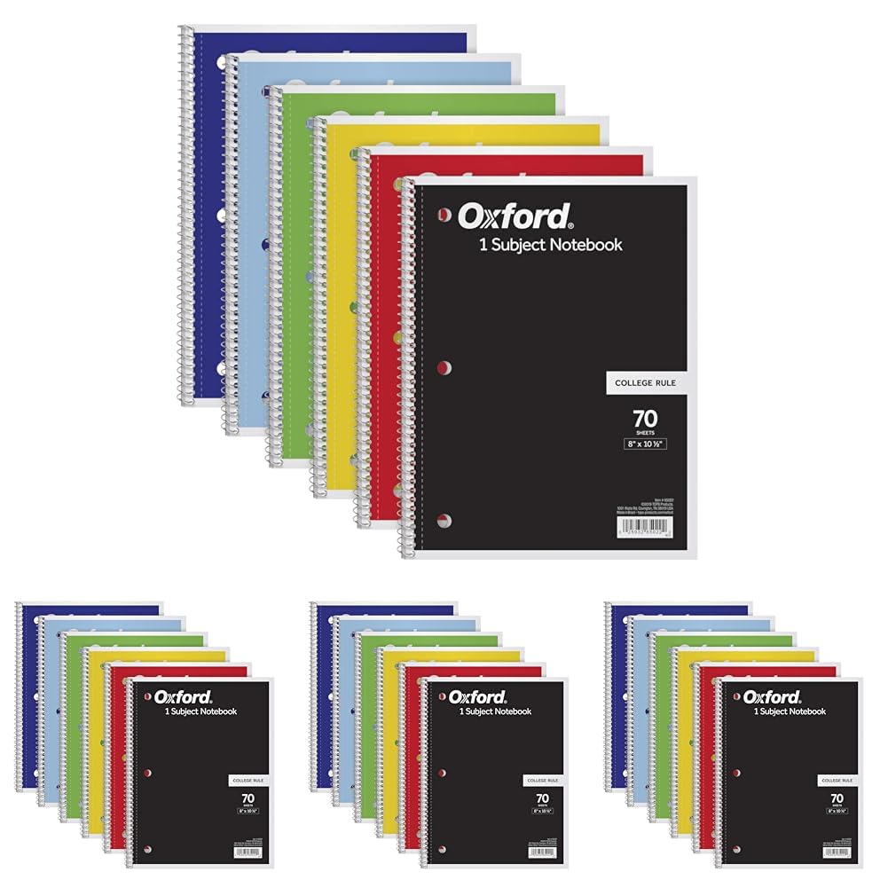 Oxford Spiral Notebook, 1 Subject, College Ruled Paper, 8 x 10-1/2 Inch, Color Assortment Design May Vary (65007) (Pack of 24) Image