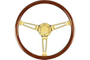 MOTAFAR Universal Racing/Golf Cart Steering Wheel, 15" 6 Bolts Wood Grain Racing Steering Wheel Classic Nostalgia Style with Horn Button Vintage(Mirrored-gold)