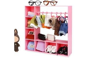 HEPHYCE Doll Clothes Closet for Labubu, Doll Accessories for Labubu Clothes, Doll Clothes Storage for Labubu Display Box, Dolls Wardrobe Dollhouse Accessories for 15/17cm Dolls Clothes with 10 Hangers (Pink)