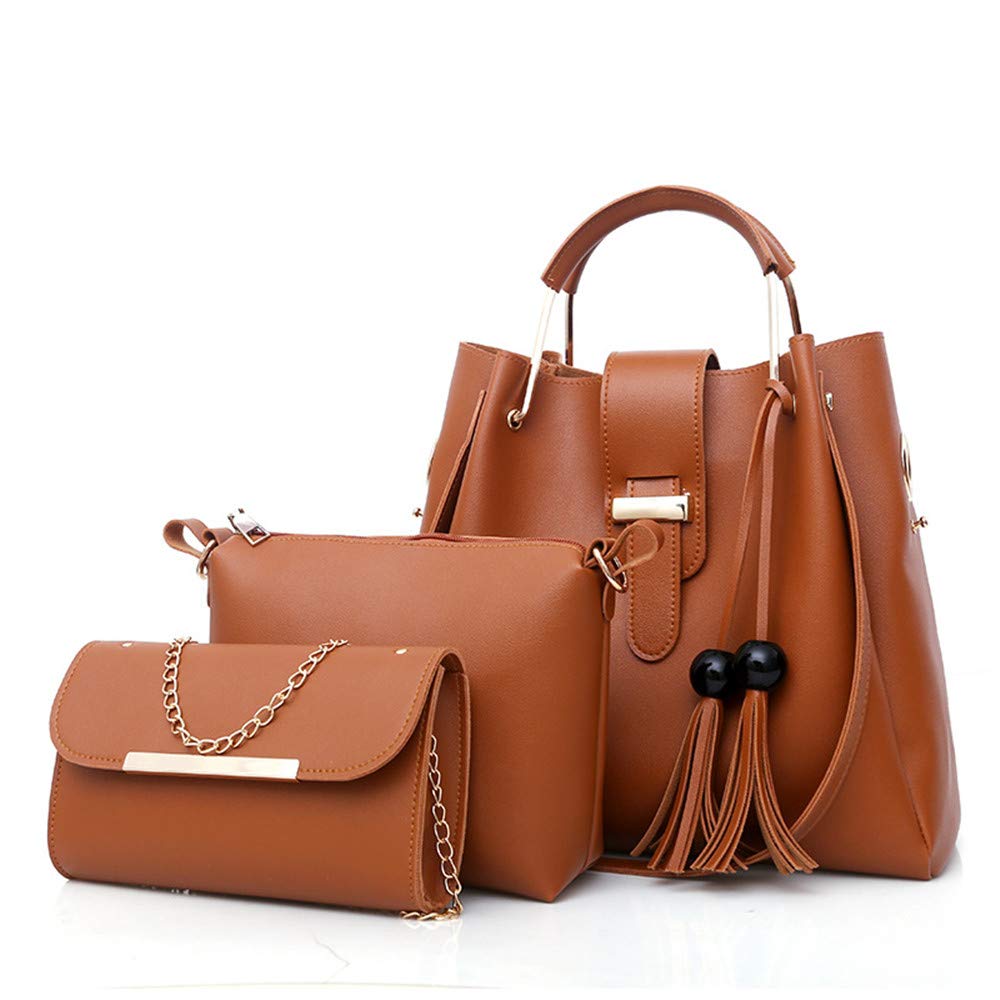 AlwaySky Women Soft PU Leather Handbag 3Pcs Set Tote Shoulder Bag Clutch Purses Set (Brown)