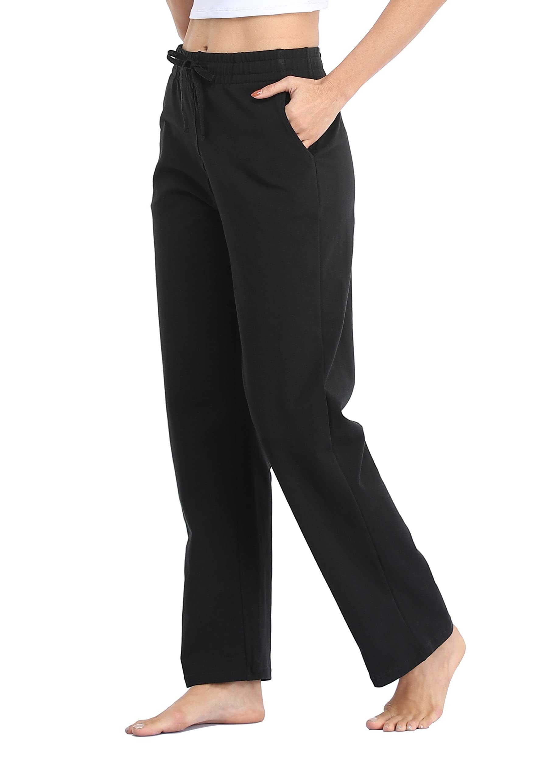 Photo 1 of Willit Women's Cotton Sweatpants Open Bottom Yoga Sports Pants Straight Leg Lounge Athletic Pants with Pockets Black M