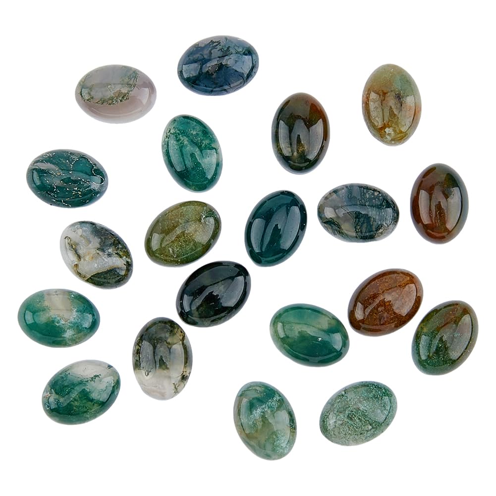 HOBBIESAY 20Pcs Natural Moss Agate Cabochons Flat Back Chakra Stone 14x10mm Crystals Gemstone Cabochons Oval Quartz Chakra Crystal Beads No Hole for Jewelry Craft Making