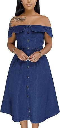 denim fit and flare midi dress