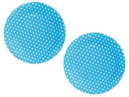 Lote de 100 Platos Desechables de Cartón Azul con Lunares Blancos. Vajillas y Cuberterias.