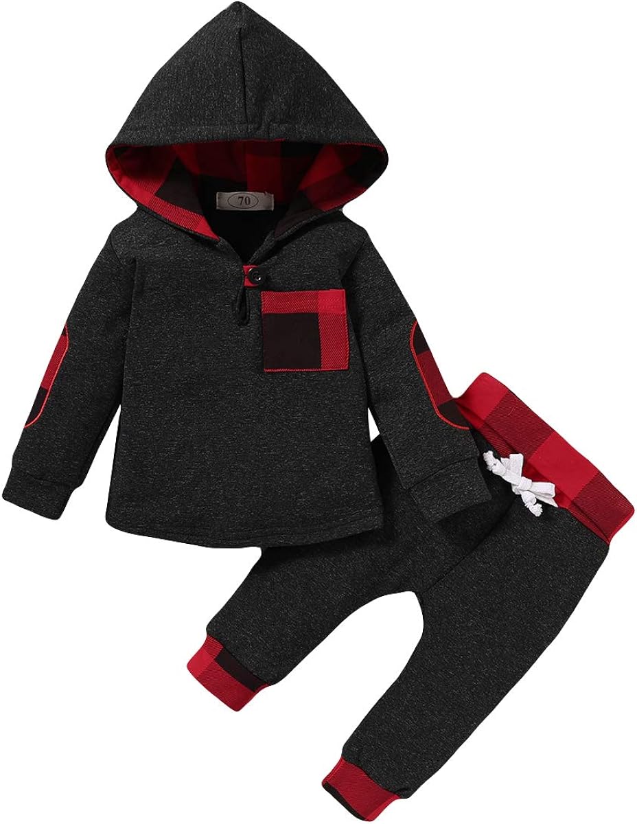 Baby Boy Clothes Fall Outfits Plaid Pocket Hoodie Sweatshirt + Pants Winter Clothes Set: Clothing