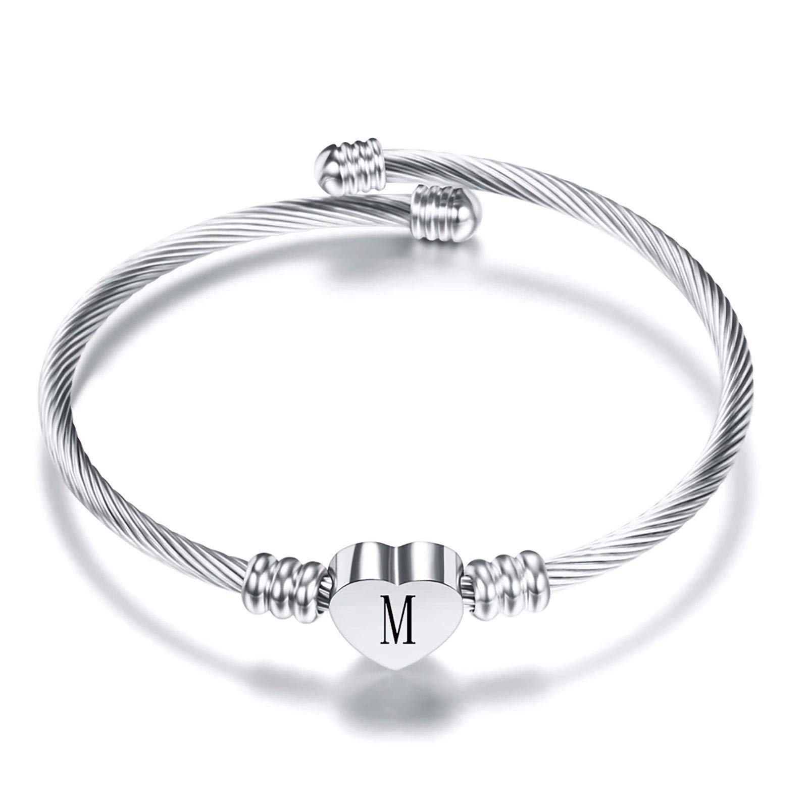 KunBead Jewelry Men Bopys Mummy BFF Initial Letter M Cuff Bracelet Silver Alphabet Heart Bangle Bracelets Gift for Birthday