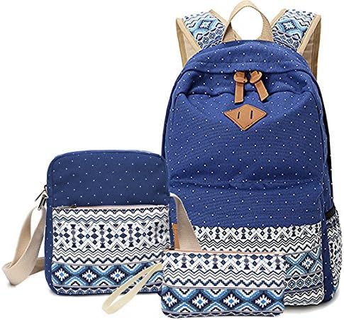 AM SeaBlue Canvas Teen Girl Backpack Set Girls Student School Bookbag 3 Pcs with Lunch Bags (4-Blue)
