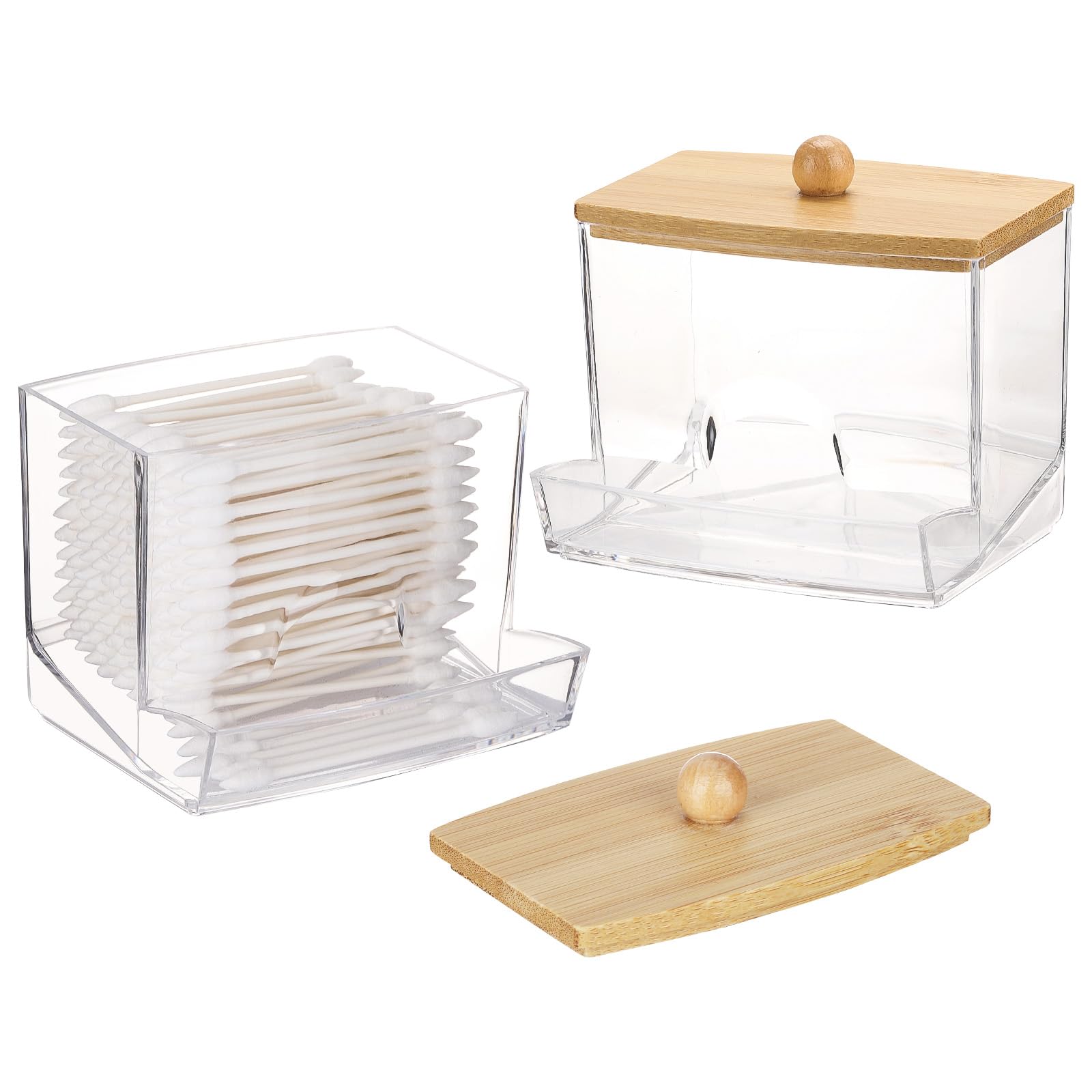 Tbestmax 2 Pack 10oz Qtip Holder Dispenser with Bamboo Lids, Big Clear Bathroom Organizer Accessories Decor for Storage-Qtips Cotton Ball Holder Apothecary Jars, Cotton Swabs, Floss Container