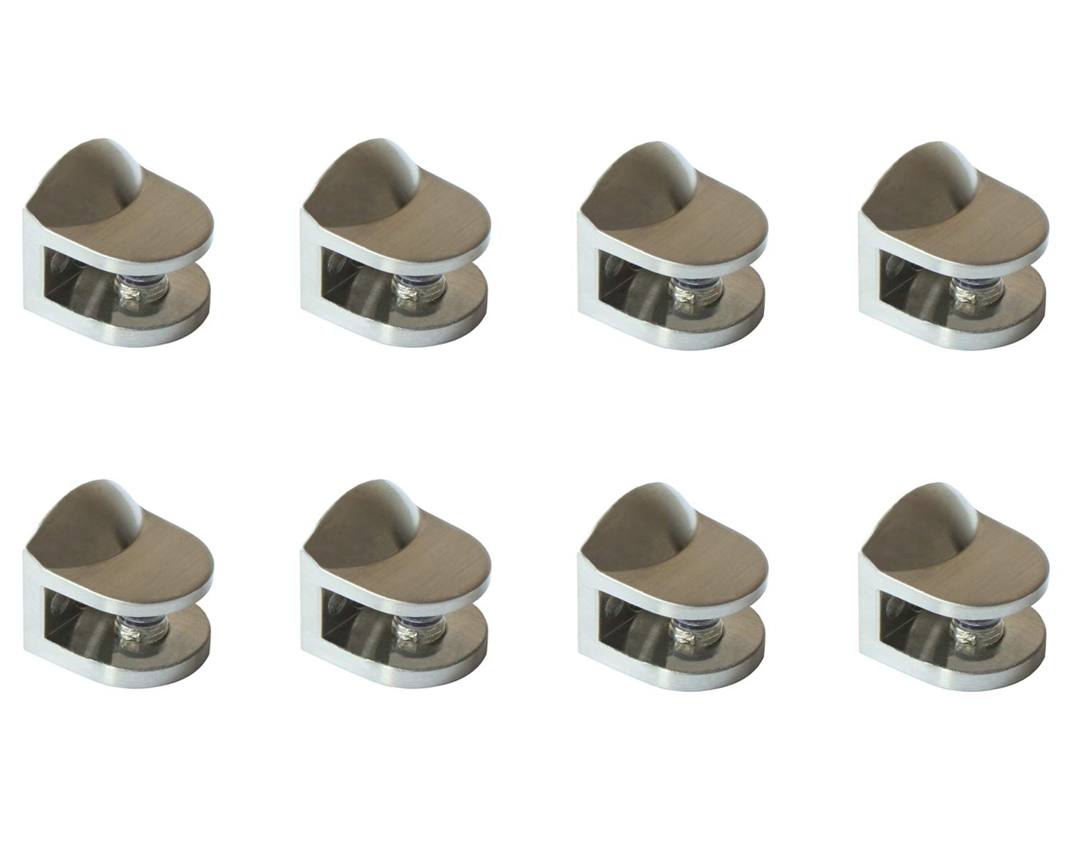 Metal Glass Clamp Curved Design Set of 8 Glass Shelf Support Glass Clips 22 x 22 x 22 mm Brushed Nickel Adjustable Glass Holder with Plastic Insert for 4-8 mm