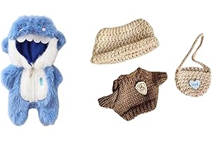 LEMPEFE Clothes for Doll(NO Doll) - Brown Sweater Three-Piece Suit and Blue Shark Jumpsuit for 17cm Doll, Premium Outfit with Accessories, Stylish Clothes for Doll (Style A+Style B)