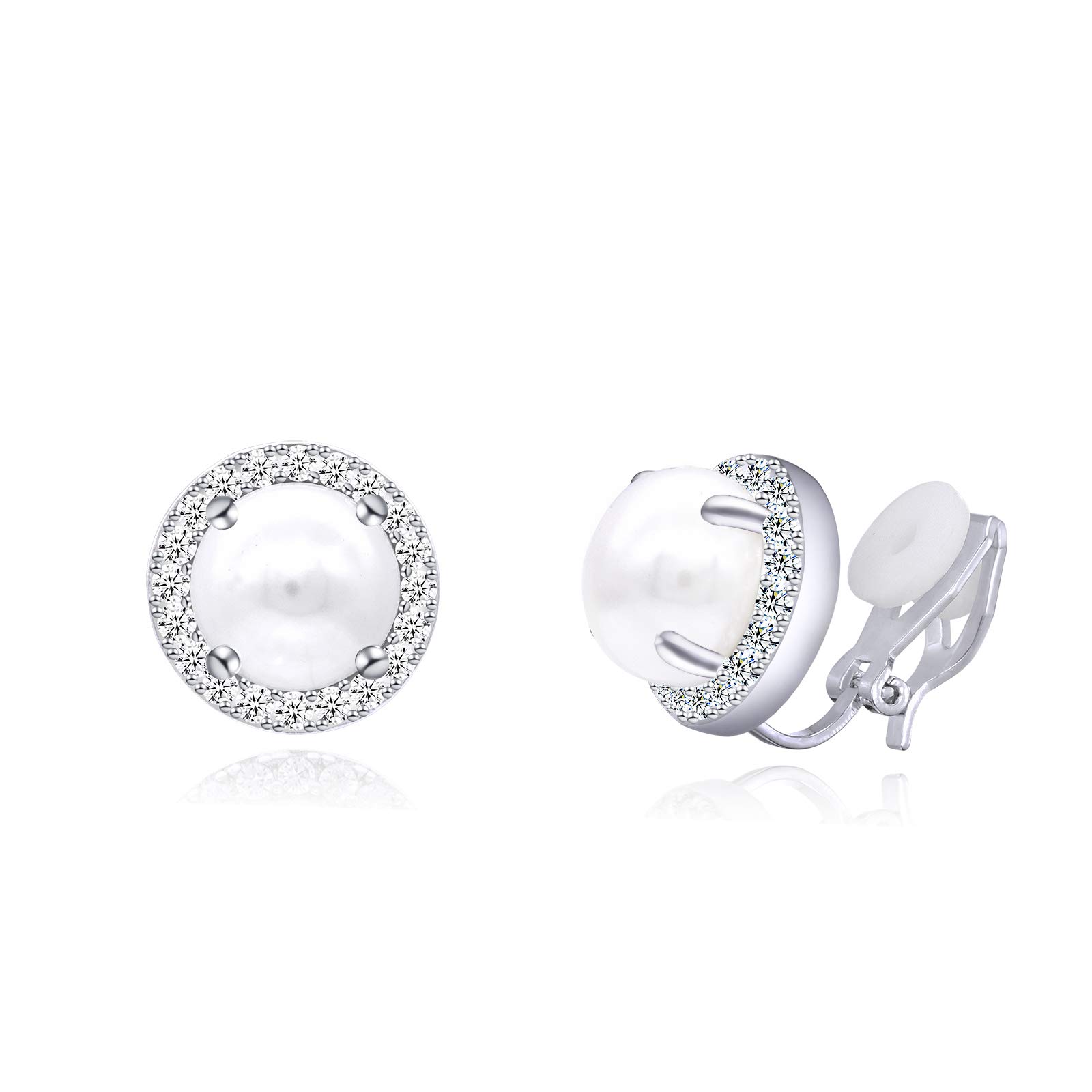 QUKE 8 mm Cubic Zirconia Crystal Clip On Earrings Round Not Pierced Stud Earrings for Women Girls, 1.1 cm, Crystal, Crystal