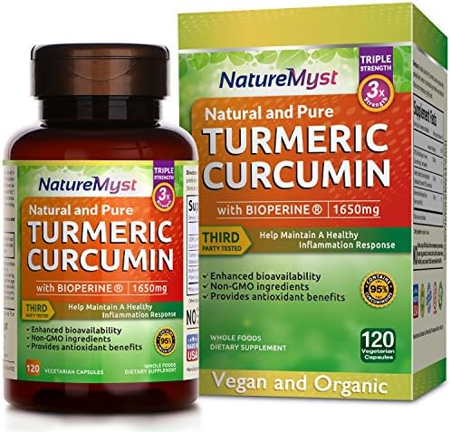NatureMyst Anti-Inflammatory Gluten Free Non-Gmo Organic Turmeric Curcumin with Bioperine, 1650mg - 120 Veggie Capsules