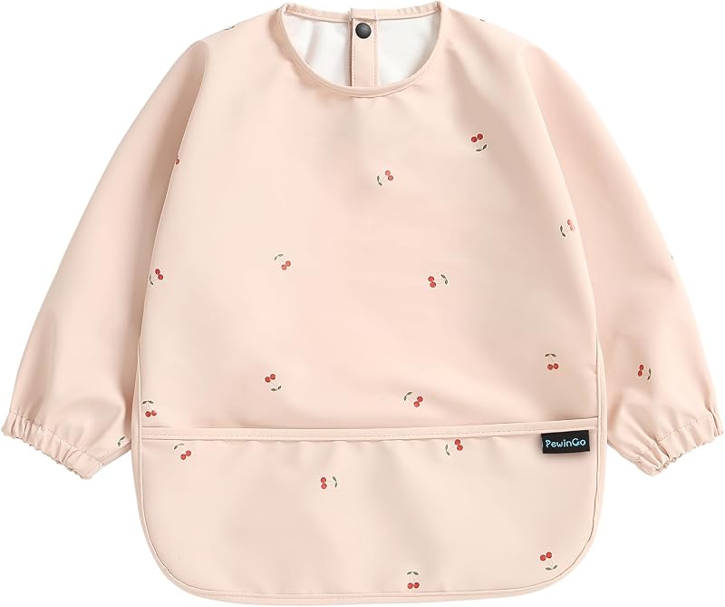PewinGo Weaning Bib with Long Sleeves Pink Waterproof Pocket Coverall