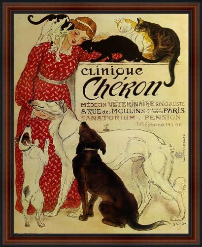 EuroGraphics Clinique Cheron by Theophile Alexandre Steinlen Framed Vintage Veterinary Medicine Print Poster Custom Made Real Wood Dark Walnut with Black Trim Frame (18 1/4 x 22 1/4")