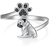 qielizhu Pug Ring 925 Sterling Silver Cute Pug Dog Open Ring Pug Gifts for Pug Lovers Christmas Pug Jewelry for Women