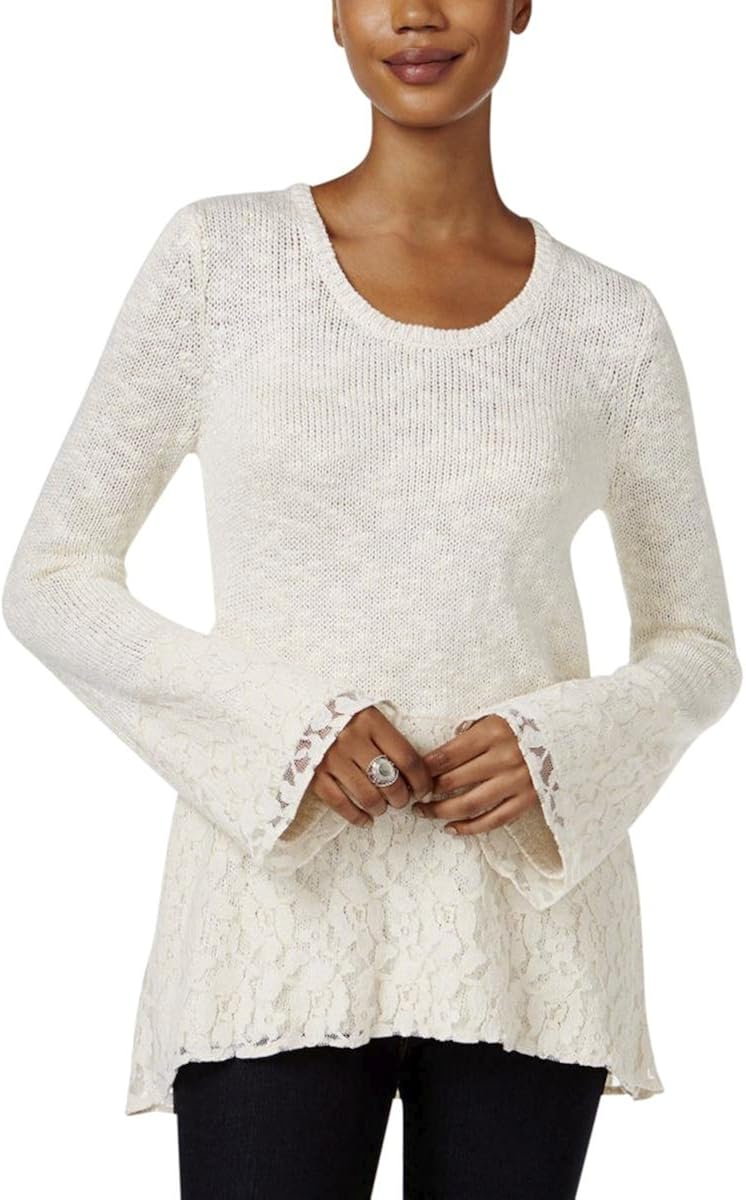 Style & Co. Women's Sweater Bell Sleeve Lace Hem Warm Ivory PL at Amazon Womenâs Clothing store