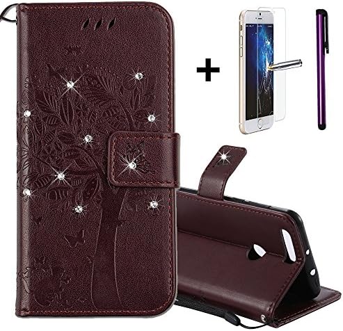 Huawei Honor 8 Case Cover [+ 1x Screen Protector + 1x Stylus Pen], NEWSTARS Premium PU Leather Wallet Book Shell Luxury 3D Handmade Shine Bling Diamond Embossed Embossing Tree Cat Butterfly Pattern Flip Folio Protective Shockproof Cover Leather Case With [Card Slots] [Hand Strip] For Huawei Honor 8 Phone. Wish Tree - Brown