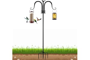 OZMI Double Shepherds Hook for Outdoor, 94 Inch Adjustable Heavy Duty Bird Feeder Pole with 5 Prong Base, Bird Feeder Stand Hanger for Plant Baskets, Lanterns, Wind Chimes, Hummingbird Feeder (1 Pack)