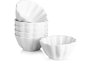 DOWAN Ramekins 4 oz, Creme Brulee Ramekins, Flower-Shaped Porcelain Ramekins Oven Safe for Baking Souffle, Custard Cups, Small Dipping Bowls, Sauces Bowls, Charcuterie Bowls, Set of 6, White