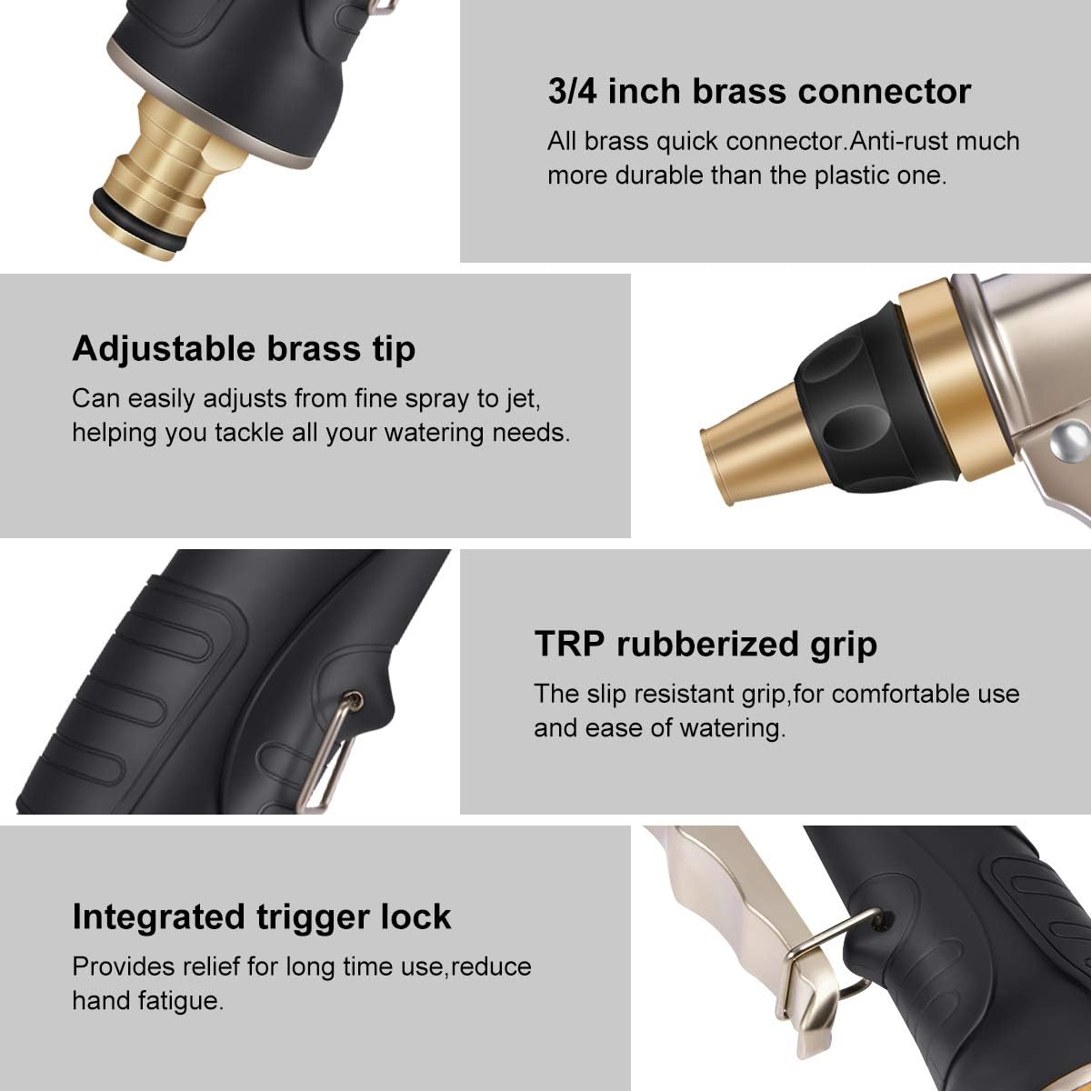 Crenova Garden Hose Nozzle, Spray Nozzle High Pressure, 100% Heavy Duty Full Brass Nozzle & ABS Non-Slip Ergonomic Grip Water Hose Nozzle, 4 Watering Patterns for Watering Lawn Plants Car Patio Pet : Garden & Outdoor