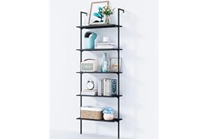 ODK 5-Tier Ladder Shelf, 74 Inches Wall Mounted Ladder Bookshelf with Metal Frame, Open Industrial Shelves for Home Office, Bedroom and Living Room, Black