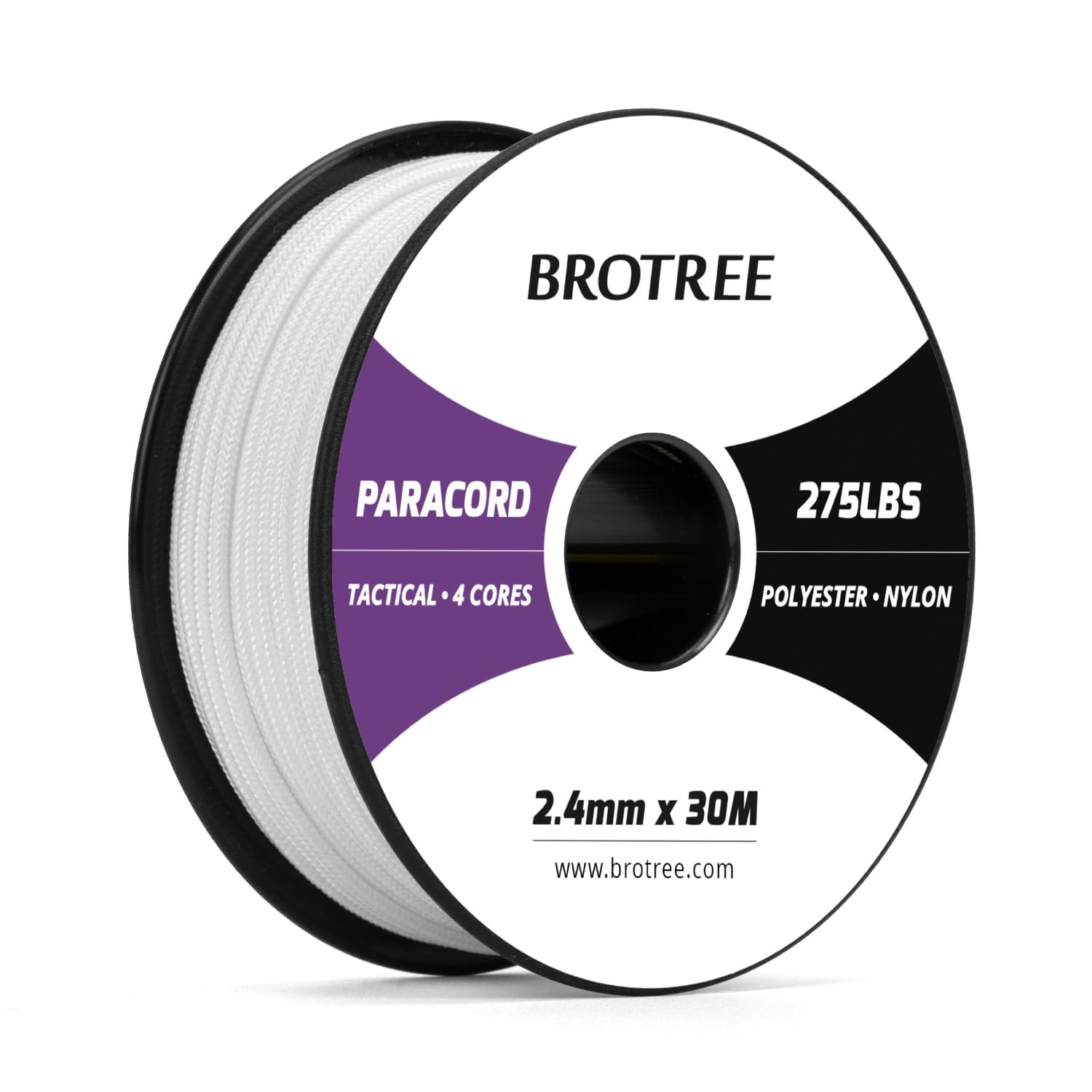 Brotree 275 Paracord 2.4mm Tactical Cord 30M Nylon Rope 4 Strands Parachute Cord for Outdoor, Craft, DIY - 125kg Breaking Load (White)