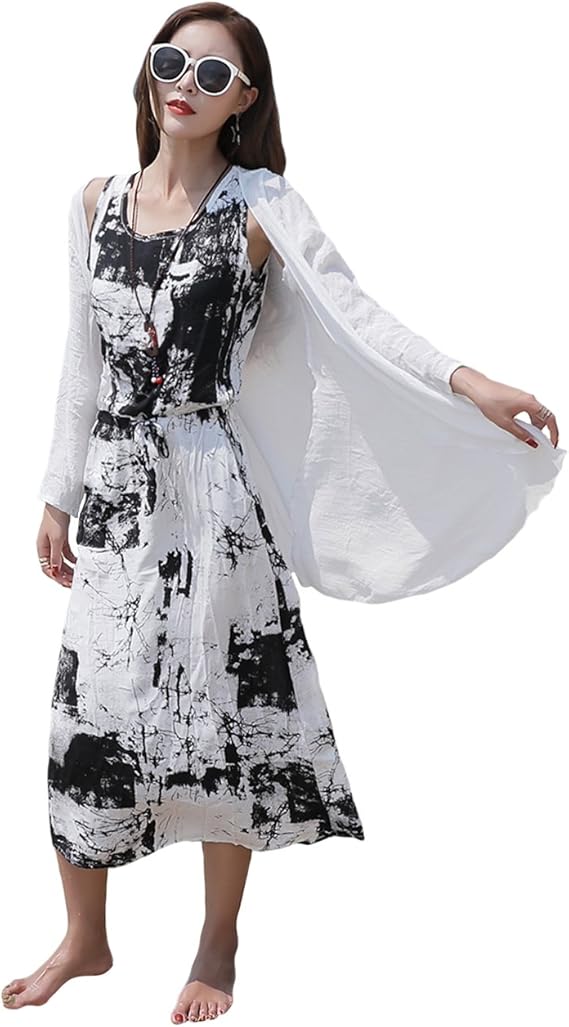 Amazon Co Jp 大きいサイズ レディース タイダイワンピース カーディガン ノースリーブワンピ 白 ブラック 5l 服 ファッション小物