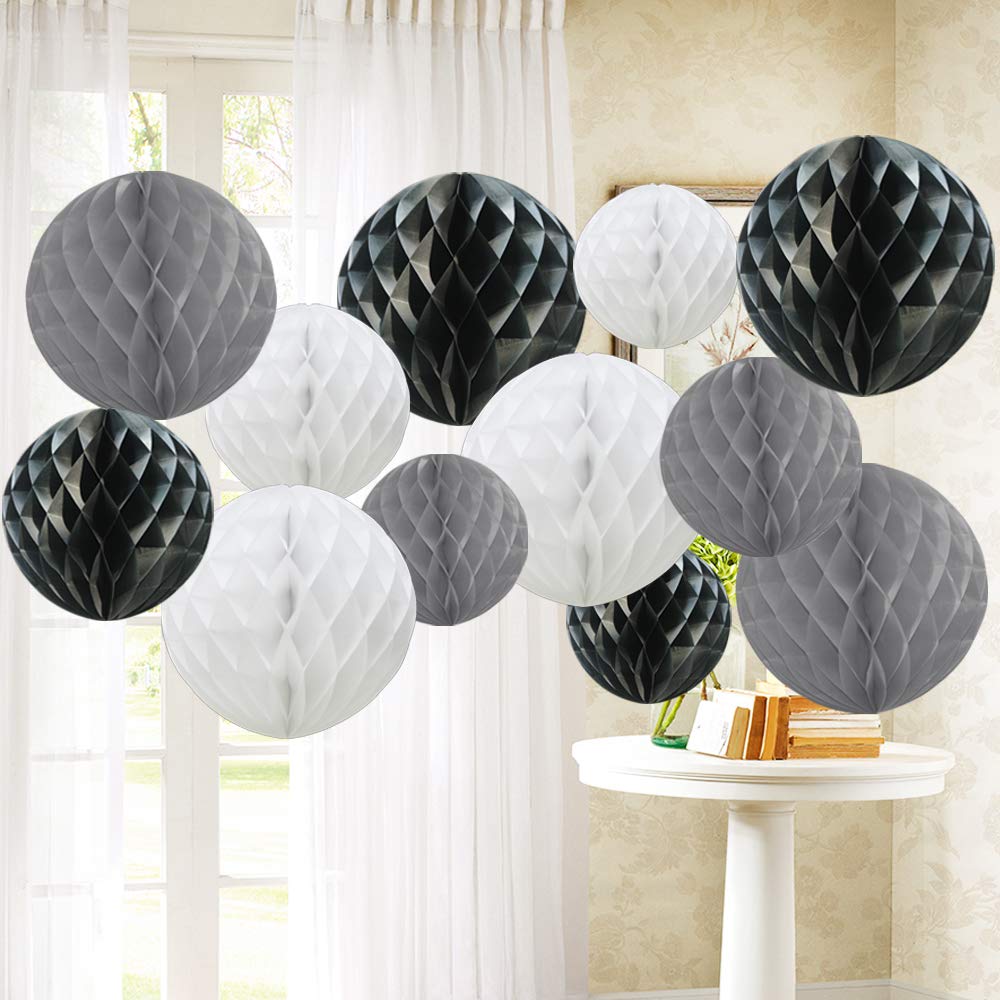 Time to Sparkle 12 Pack Tissue Paper Honeycomb Balls, Poms Birthday Baby Shower Wedding Decorations (Grey)
