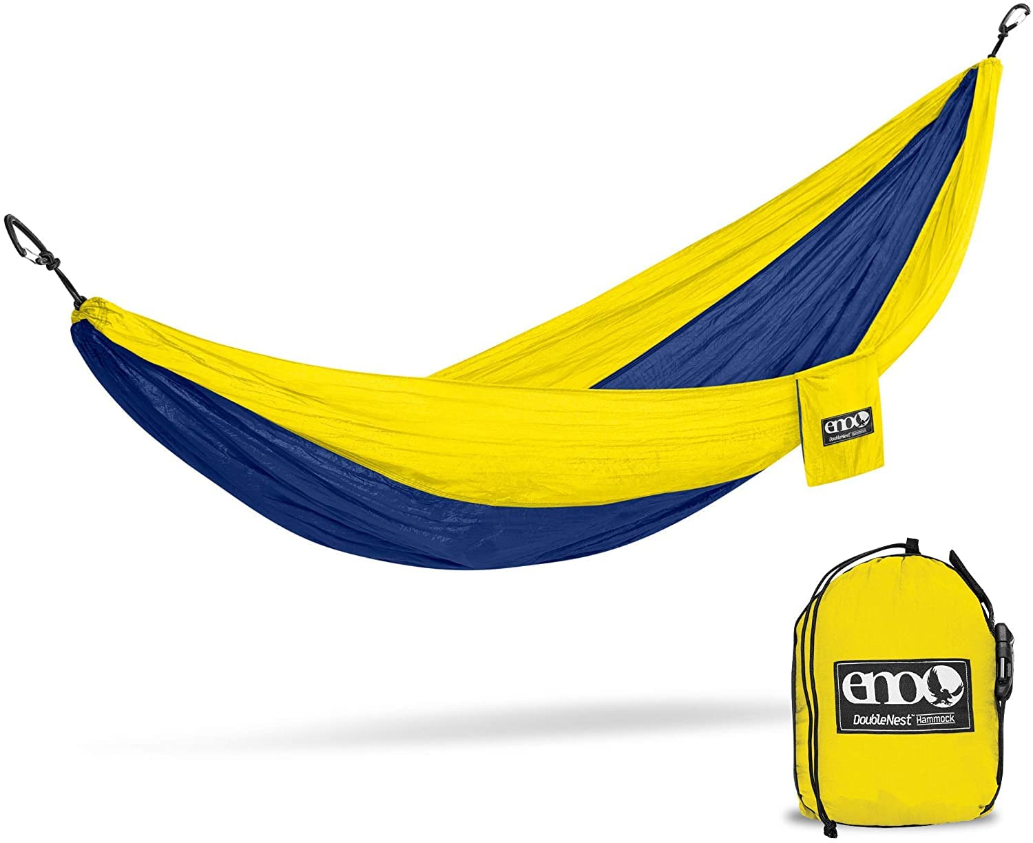 ENO Doublenest Hammock Sapphire Yellow Soft Breathable Fabric 70 Denier High Tenacity Nylon Taffeta Fast Dry Heavy Duty Triple Stitched Compression Stuffsack Aluminium Wiregate Carabiners W 539 g
