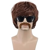 VGbeaty 60s 70s 80s Mens Disco Brown Short Rocker Singer Star Wig with Mustache Hippie Halloween Cosplay Party