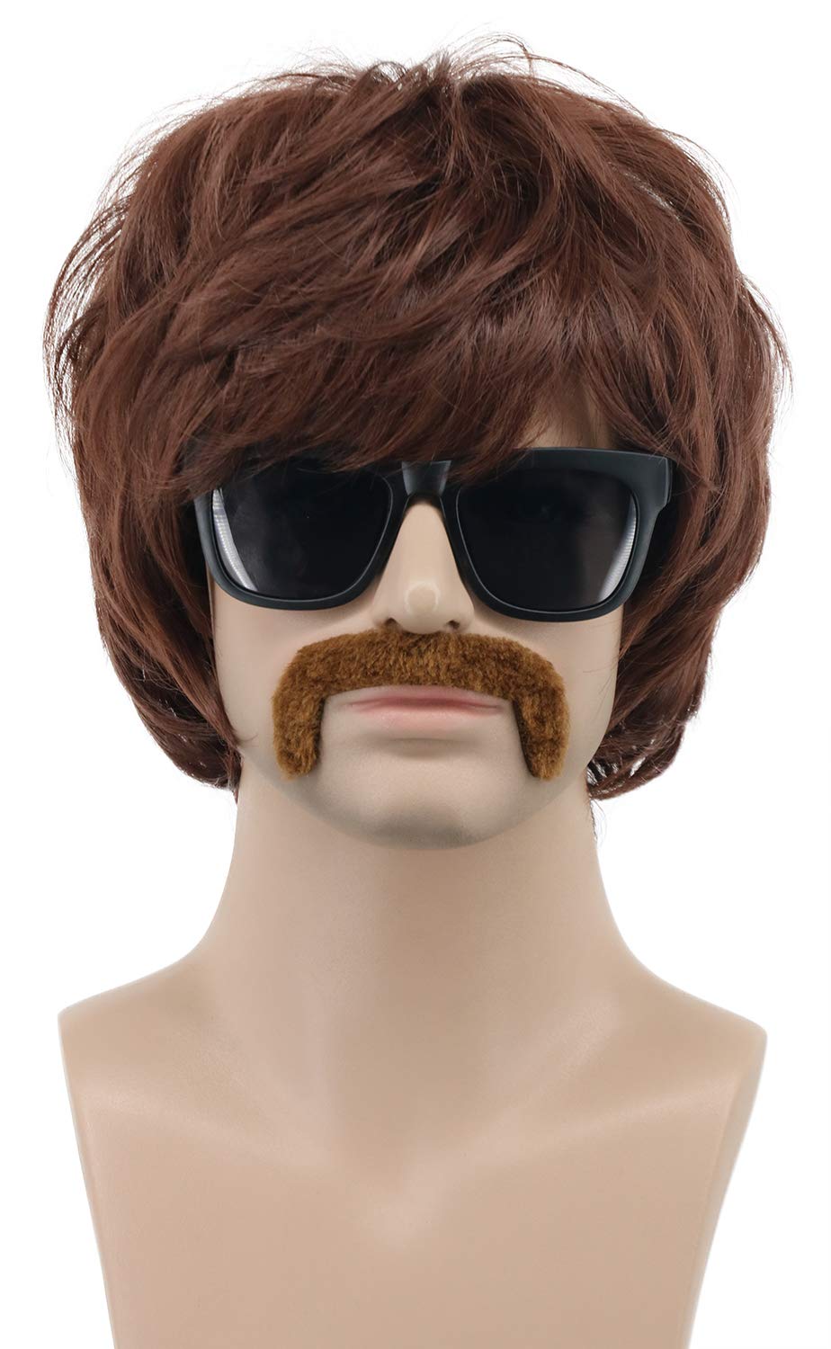 Photo 1 of VGbeaty 60s 70s 80s Mens Disco Brown Short Rocker Singer Star Wig with Mustache Hippie Halloween Cosplay Party