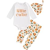 Little Cutie Baby Girl Fall Outfits Long Sleeve Romper Orange Pants Knot Hat Clementine Coming Home Clothing Set