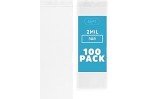 GPI 100 Pack, 3" x 8" Long, Clear Plastic RECLOSABLE Zip Bags - Bulk, 2 Mil Thick, Durable, Resealable Poly Baggies with Zip 