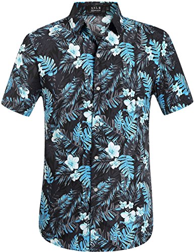 SSLR Men's Printed Button Down Hawaiian Aloha Casual Short Sleeve Shirt (Medium, Black Grey)