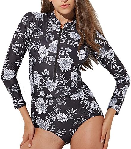 Empleen Women’s One Piece Swimwear Floral Surf Suit Zip Front Rush Guard Floral Swimsuits Bathing Suits